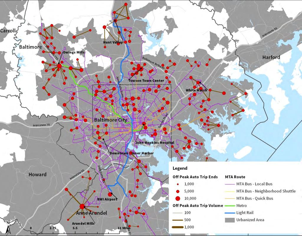 Figure 3.5: Off-Peak Auto Trips Projected for 2020 500 Highest Volume Origin Destination Pairs 3.2.3 Peak Period Transit Trips Compared to auto trips, transit trips during the peak period are much more highly concentrated on central Baltimore.