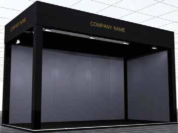 PRE-EQUIPPED STAND Includes 3m-high black painted partitions a banner in the same material and color as the partitions (70cm high) one or more 3m-high corner pillars, 30 x 30cm a fire-retardant