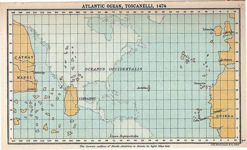 Columbus calculations of his smaller earth told him that he should be in Asia. This map of the Atlantic Ocean shows how large Paolo dal Pozzo Toscanelli thought was the ocean s area.