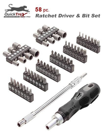 Super Grippy Ratchet Driver Handle, a flexible extension, and incredibly useful bit organizers. Bits are made from Sandblasted chrome vanadium steel.