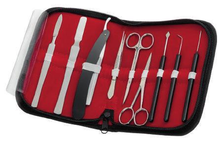 plastic handle, 140 mm 19 Dissecting / Microscopic dissecting sets / Sets MICROSCOPIC DISSECTING SET 9 parts filled, in leatherette zipper pocket Content 1 pointed scalpel, 155 mm, cutting edge 40 mm