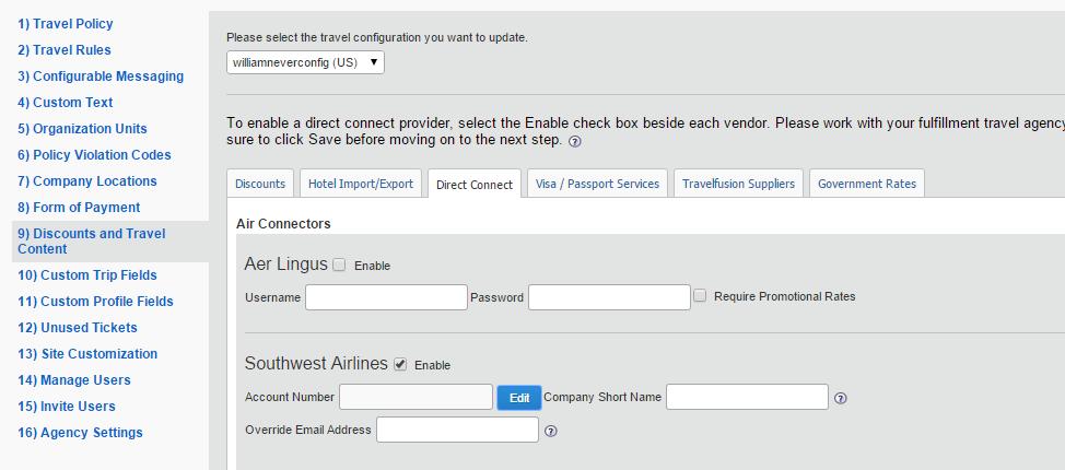 Part 2: Standard Travel Configuration in Concur Travel Travel Configuration To enable: 1. In the Travel Setup Wizard, click the Discounts and Travel Content setup step. 2. Select the desired configuration.