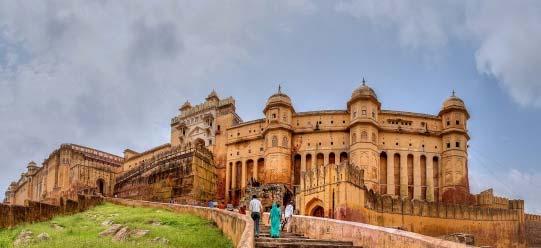 This palace features a high wall of windows built as a privacy screen so the women of the royal household could observe street life unseen. The Amer Palace or Amber Fort in the nearby town of Amer.