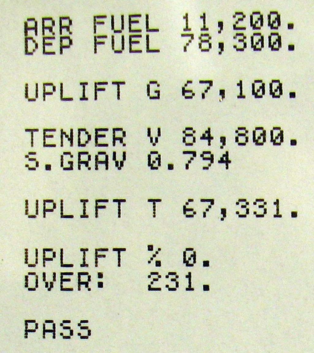 The program subtracts arrival fuel from the departure fuel. Multiplies the tendered fuel in liters by the specific gravity.