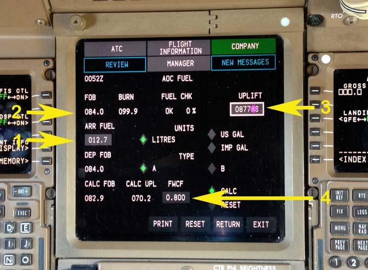 Pictured is the onboard computer GUI. 1. Arrival fuel. 2. Fuel on board FOB. 3. Tendered uplift. 4. SG/FWCF default of 0.800 I have seen a -2575 kg discrepancy from the default SG of 0.