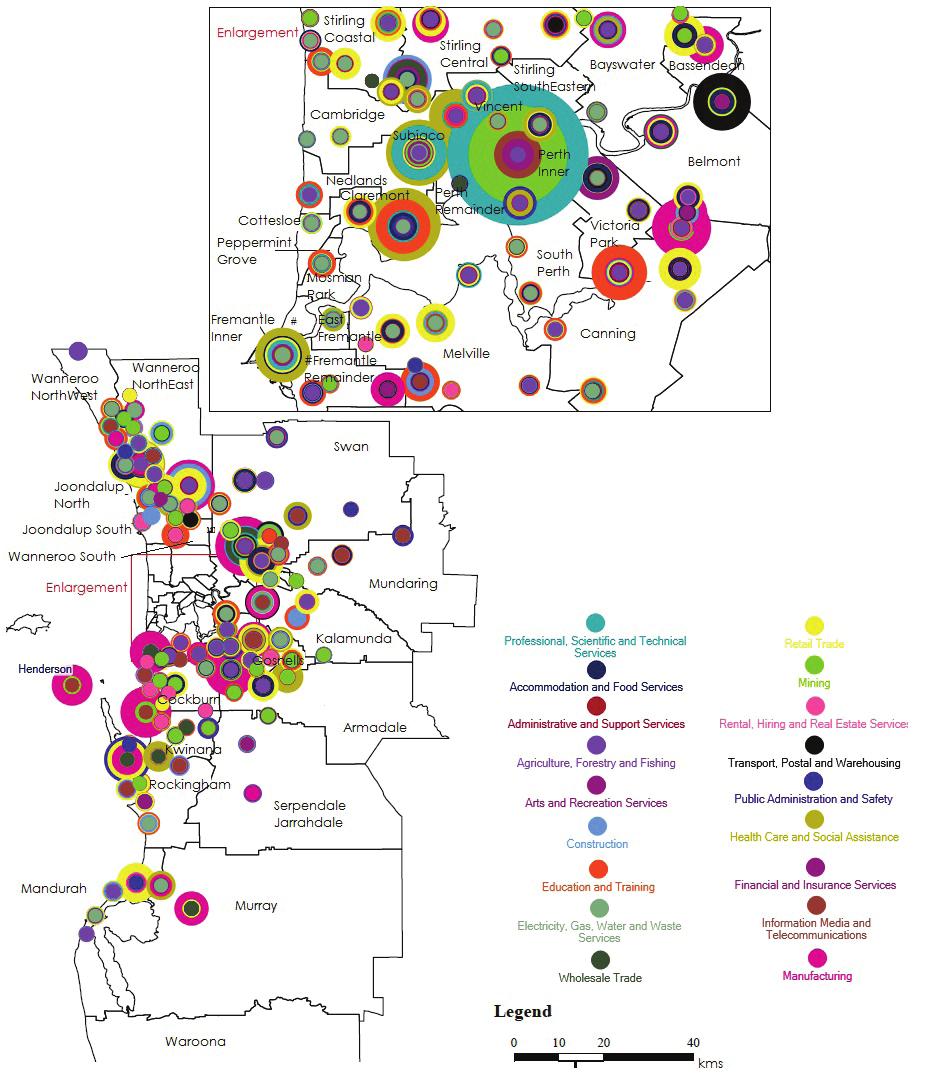 Figure 3 SA2 commuting by industry of employment on LGA map, 2011