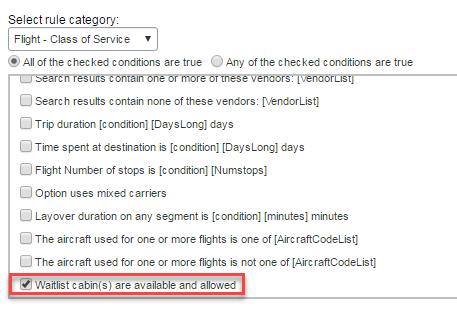 3. Select the Flight Class of Service category and search for the Waitlist cabin(s) are available and allowed rule part.