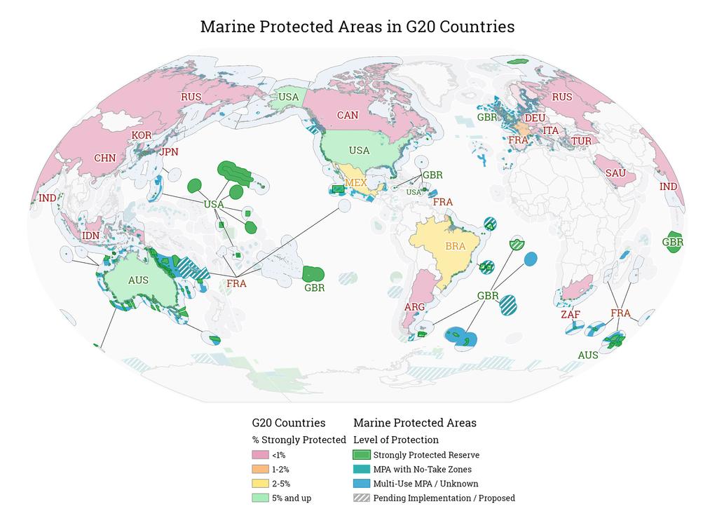 Figure 6. Strongly protected marine reserves, shown in green, and other classes of marine protected areas, shown in blue, for all G20 countries and associated territories.