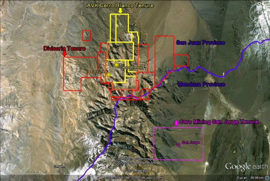 Figure 3 Google Earth image Cerro Blanco Project tenements (yellow) and the Divisoria Option tenements (red), with provincial border and nearest third party project.