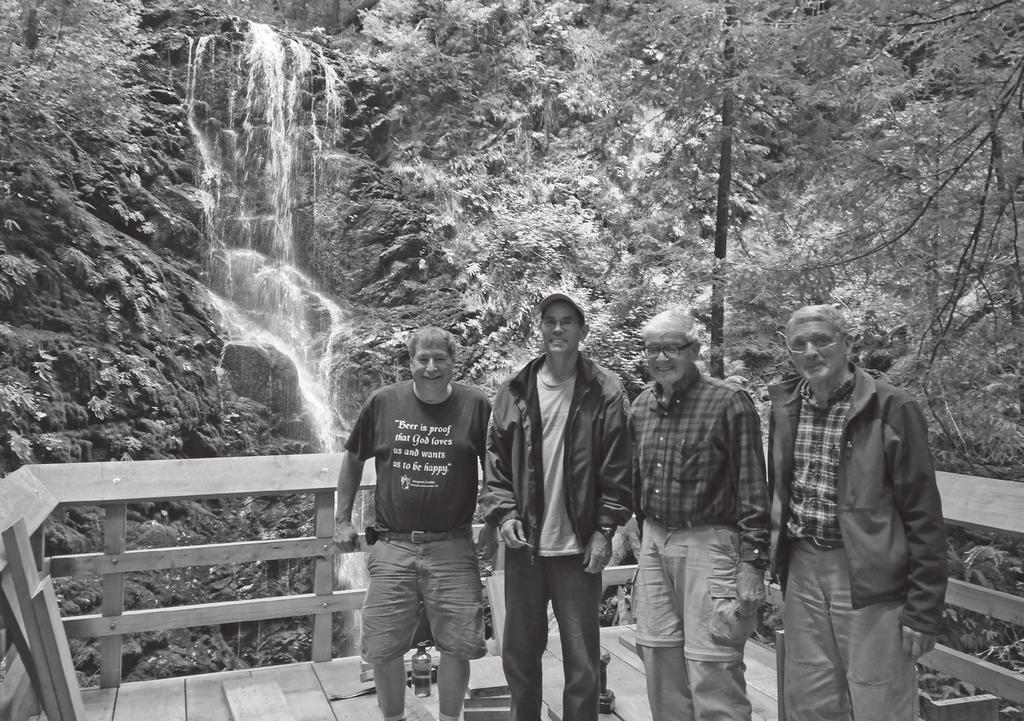 Jim Mazzone, Dennis Rindi, Ed Berkowitz, and John Fox New Berry Creek Falls Deck Completed As reported in our last issue, the old deteriorating observation deck at Berry Creek Falls has been replaced