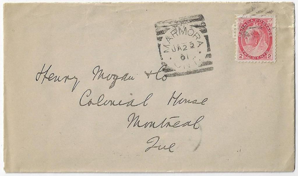 Item 325-18 Marmora Ont squared circle 1901, 2 Numeral tied by grid cancel on cover from Marmora with squared