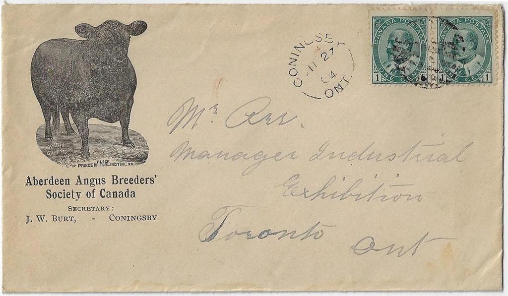 00 SOLD Item 325-21 Aberdeen Angus 1904, 1 Edward (2) tied by grid cancel on cover from Coningsby Ont (Wellington)