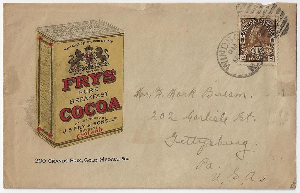 00 SOLD Item 325-23 Fry s Cocoa and milk chocolate 1917, 2 +1 Wartax tied by Windsor NS