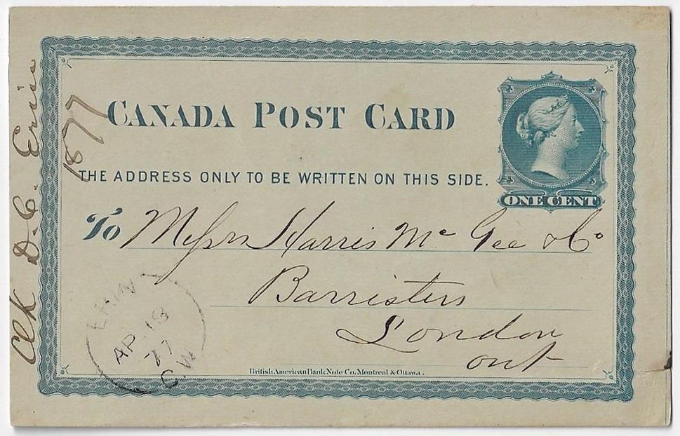 Item 325-28 Erin CW (latest recorded date) 1877, 1 stationery card from Erin CW to