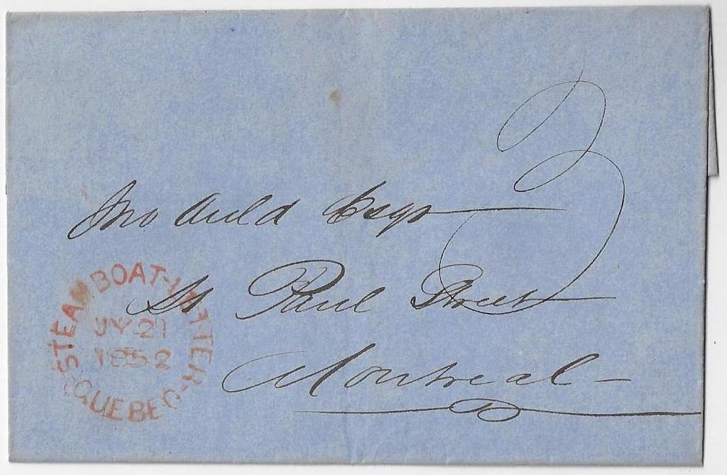 $25.00 Item 325-35 Steamboat Letter Quebec 1852, stampless folded cover from