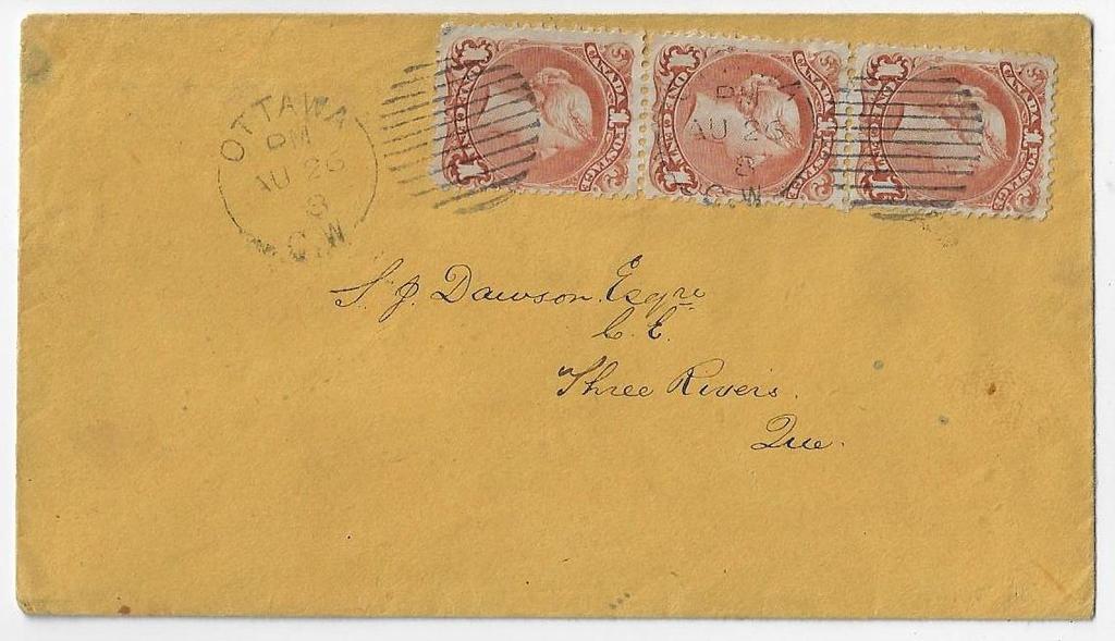Item 325-03 1 brown red (3) - Bothwell paper 1868, (Aug 26) 1 brown red on Bothwell paper vertical strip of three tied by Ottawa CW Berri duplex cancel on