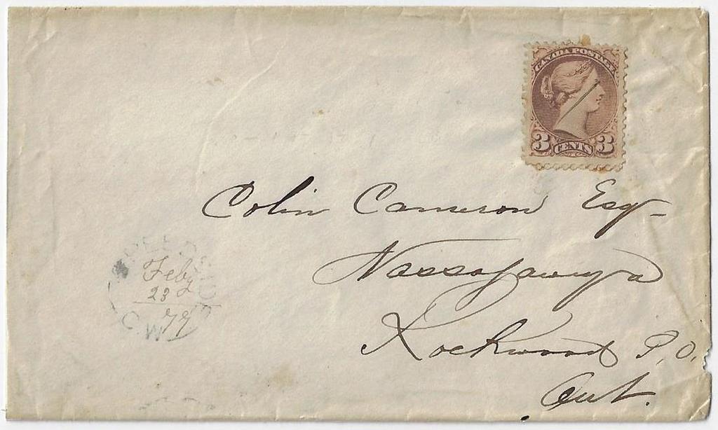 00 Item 325-13 Speedside CW (Wellington) 1877, 3 SQ with pen cancel on cover from