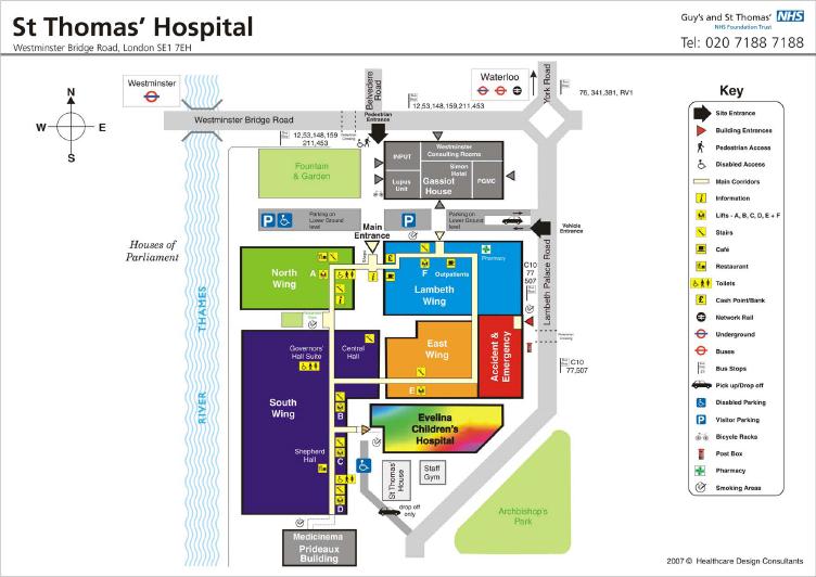 St Thomas Hospital campus map Governor s Hall, (South Wing) Enter through the main entrance of St Thomas Hospital off Westminster Bridge Road, follow internal signs to South Wing.