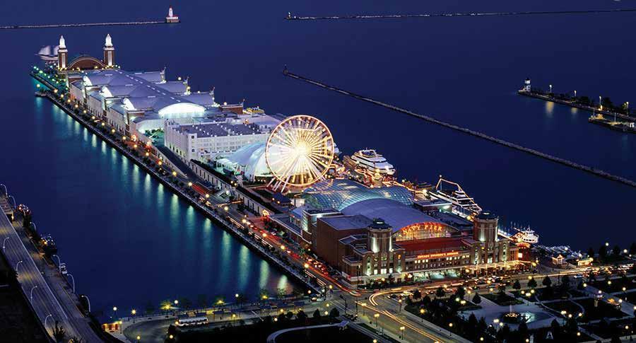 Navy Pier The Navy Pier is a 3,300 foot long pier on the Chicago shoreline of Lake Michigan. The pier was built in 1916 and was intended to serve as a mixed-purpose piece of public infrastructure.