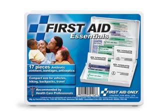First Aid Guide, vinyl gloves, ample bandages and gauze, trauma pad, compress, antiseptics, ointments including burn relief and ibuprofen, aspirin and extrastrength non-aspirin pain medications.