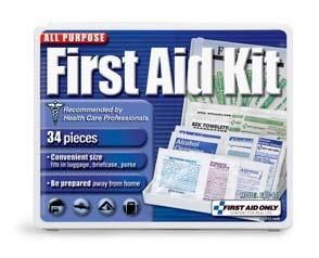First Aid Guide, vinyl gloves, bandages, trauma pad, compress, antiseptics and all three common OTC pain medications. FAO-130 81-piece All Purpose First Aid Kit Mid-size variety.