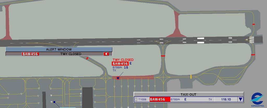 Alert trigger conditions When a selected taxiway, or segment of the taxiway, is declared as closed within the system and an aircraft/aircraft being towed taxi route includes the closed area or the