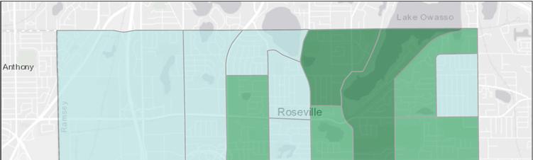 Age demographics The geographic distribution of Roseville s population aged 50 years and older is shown in MAP 3 3 below, with darker shades of green indicating a higher percentage of older residents.