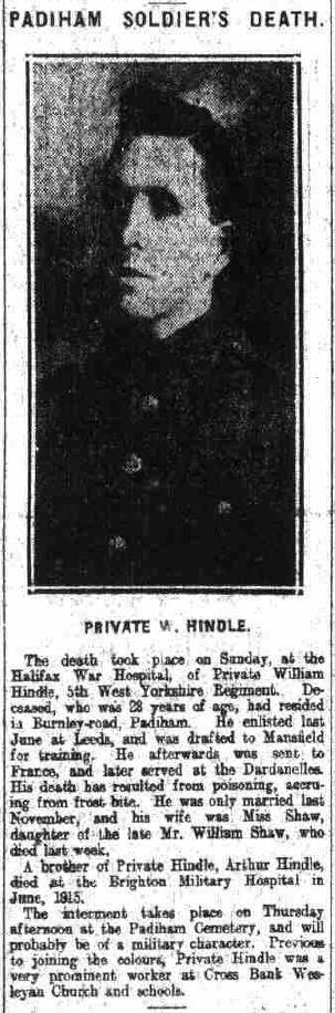 Burnley Express 15 Jul 1916 William Hindle, Grave C367; d 8.4.