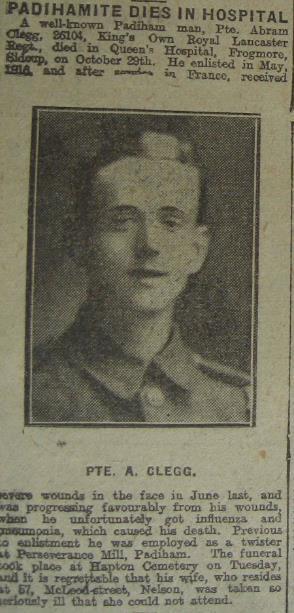 Burnley Express 18 Aug 1917 Abraham Clegg, Grave C353; d.28.10.