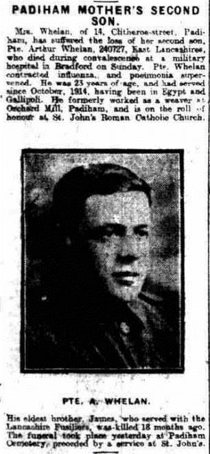 Arthur Whelan, Grave B952; d.3.11.1918 Aged 23.
