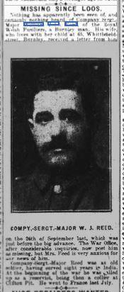 Burnley Express 22 Mar 1916 William John Reed, Grave C2 371 killed in battle 25 Sep 1915 aged 37 (Grave 26 on Plan) Company Sergeant Major William John Reed of the 9 th Battalion Royal Welsh
