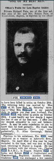 Robert Pate of Wood Street Hapton serving in the army. He was the husband of Emma Smith of 10 Lane Ends Hapton. He enlisted 12 th July 1916 and was killed in action in France on 26 th October 1917.