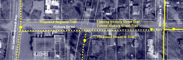 4-3: Proposed Hickory Street Trail Extension). Various obstacles (including existing parking lots, trees, and the like) will present challenges to constructing this segment of the trail.