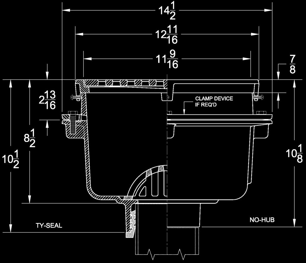 1 ASME Load Rating Light Duty Medium Duty Medium Duty Dimensions (Inches) Pipe Size 2" 3" 4" B 5-7/8 5-3/4 5-5/8 Type Designation No-Hub 2NH,3NH,4NH N/C Push On 2TY,3TY,4TY,6TY(C.I.),6TX(PVC) N/C Inside Caulk 2IC,3IC,4IC N/C Regularly Furnished: Cast iron floor sink with A.
