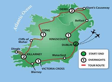 Meals: In-Flight Day 2 Arrive in Dublin / City Tour After a morning arrival in Dublin, we will board a deluxe motorcoach and begin our journey. Join a local guide who will show us around town.
