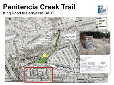 Penitencia Creek Trail (King Road to Berryessa BART): Construction of the paved trail has been completed and links King Road to the new BART transit station (under construction).