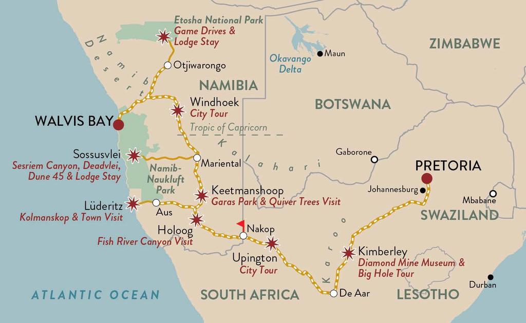 DUNE EXPRESS A spectacular odyssey starting in Pretoria and winding its way to the coast of Namibia, a country of compelling beauty,