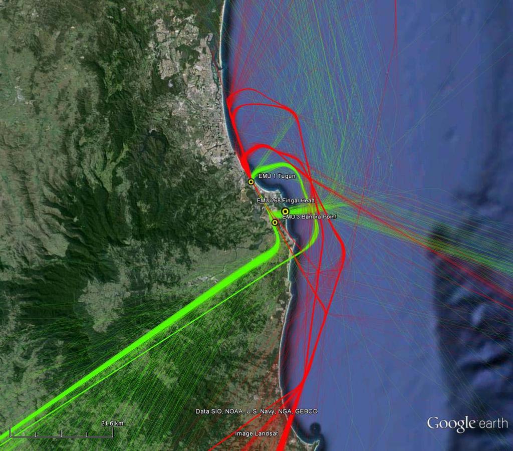 2 Flight patterns 2.1 Jet aircraft Figure 2 shows jet aircraft track plots for arrivals and departures at Gold Coast Airport. Noise monitors (EMUs) are shown as yellow circles.