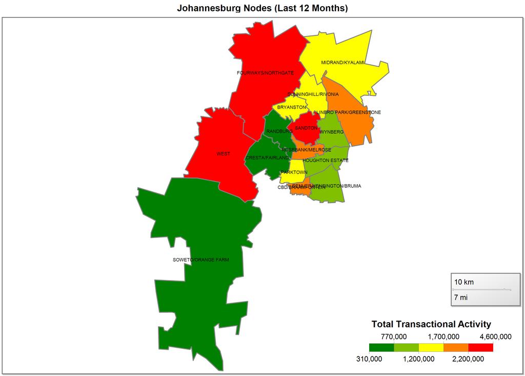 2.1.2 City of Johannesburg The transactional activity (R Million) is as follows: Node 2012 2013 2014 September 2014 JOHANNESBURG - SANDTON 1,671 10.9% 2,757 13.6% 3,761 15.2% 111 5.