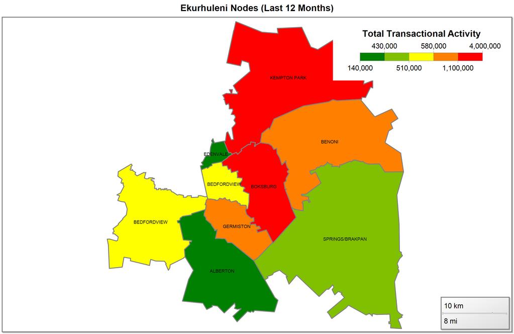 2.1.4 Ekurhuleni Municipality The transactional activity (R Million) is as follows: Node 2012 2013 2014 September 2014 EKURHULENI - BOKSBURG 1,851 28.2% 2,604 33.9% 3,457 45.8% 646 52.