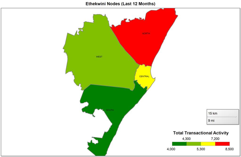 2.1.5 Ethekwini Municipality The transactional activity (R Million) is as follows: Node 2012 2013 2014 September 2014 DURBAN - NORTH 2,453 30.0% 3,602 41.7% 2,209 36.4% 150 41.