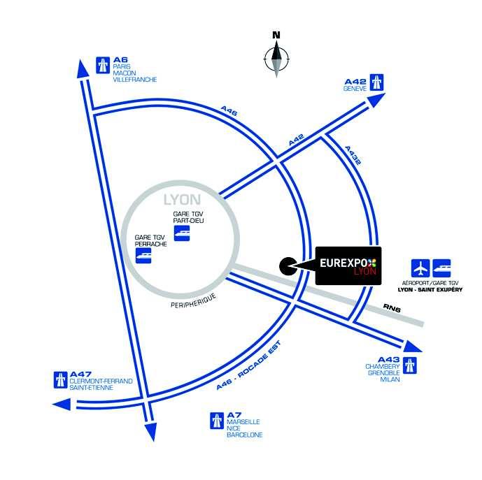 Conditions of access Getting to EUREXPO Lyon By Road Located near motorways A43 and A46, the exhibition centre EUREXPO Lyon is at the centre of the European motorway network, 4 hours