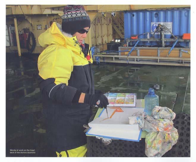It features many of the paintings and sketches that Wendy produced during her six-week voyage on board Aurora Australis, which included a return helicopter flight to the Mawson centenary celebrations