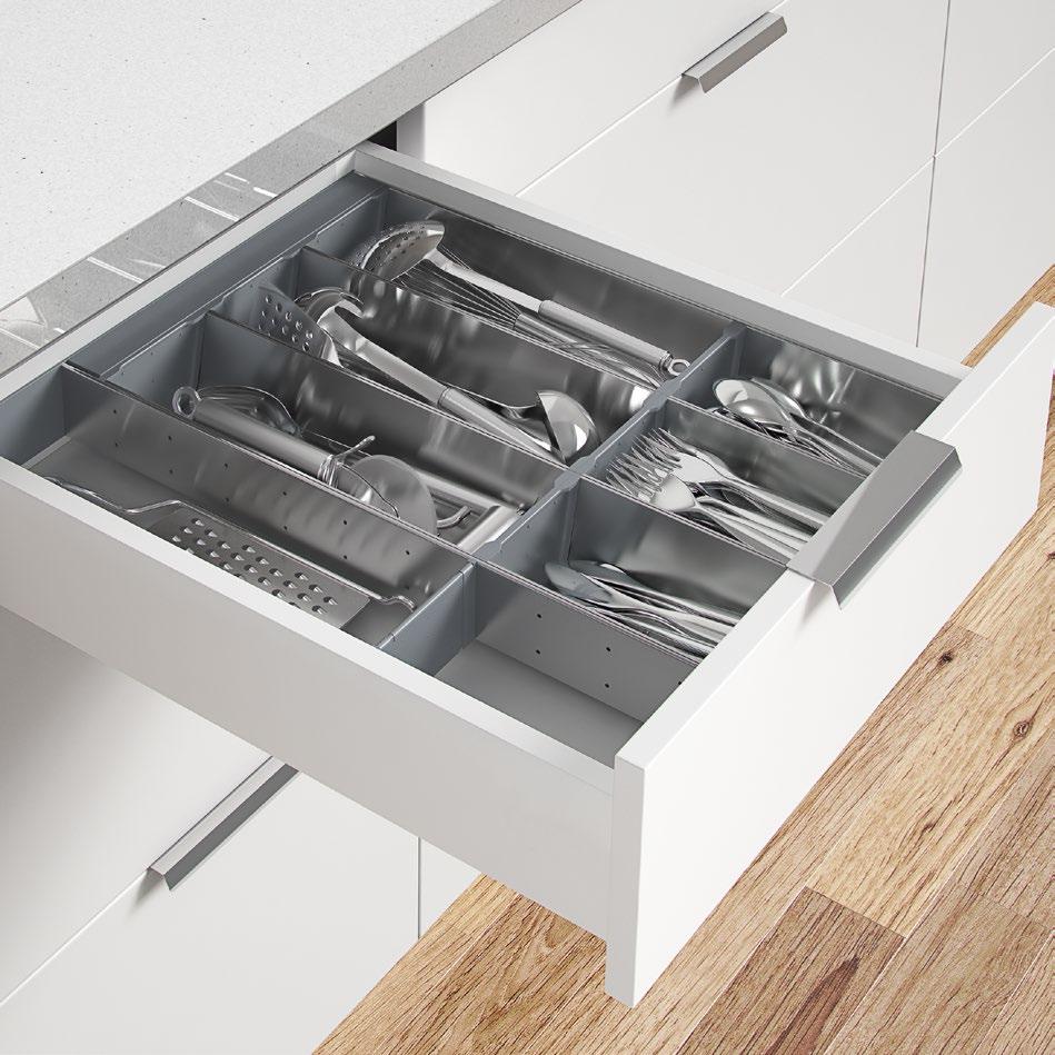 GENERAL HOME & WARDROBE STORAGE DRAWER ORGANISERS Impala Inoxa Cutlery Organisers Good looking, quality stainless steel Plastic ends for scratch resistance and lessening noise Movable plastic cross