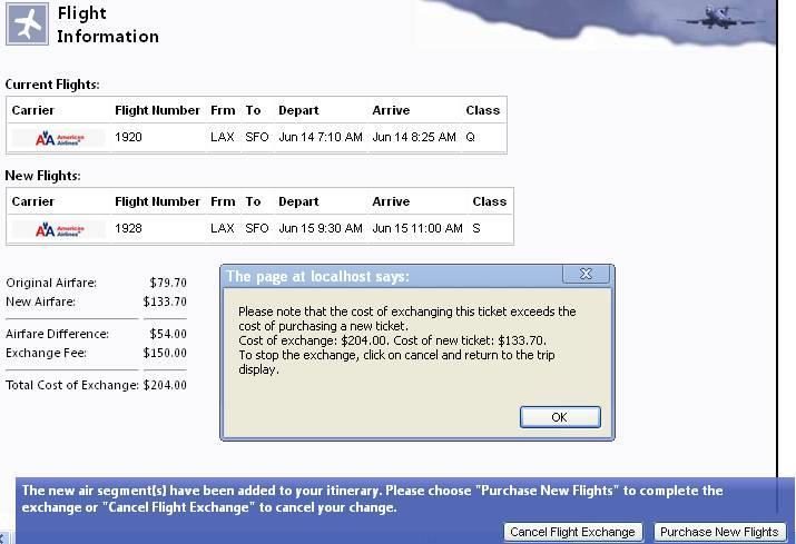 Ticket Cost Alert When the exchange costs more than purchasing a new ticket, Concur will display a popup to the user.