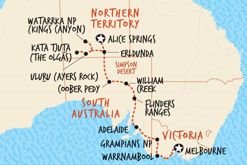 10 Day Melbourne to Alice Springs Overland Travel through the winding roads of Australia's most famous scenic drive, the Great Ocean Road to the Flinders Ranges and onto Uluru via the famous