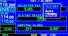 Figure 10-59 Selected CDI Field Highlighted To change the ILS CDI selection: 1) Select CDI/Alarms from the Setup 1 Page, using the steps described at the beginning of this section.