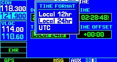 Turn the small right knob to display a window of available time formats: Local 12hr, Local 24hr, or UTC.