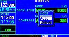 SECTION 10 AUX PAGES Setup 2 Page: Nearest Airport Criteria Figure 10-74 Backlight Mode Window 3) If Manual is selected, the flashing cursor moves to the backlight level field.