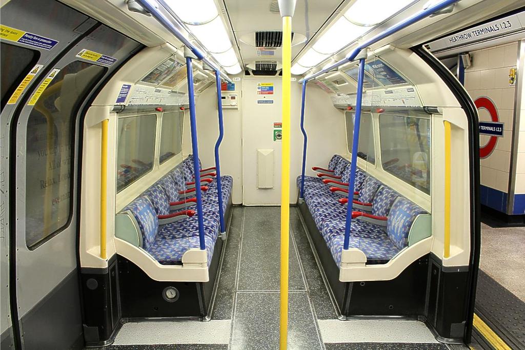Photo: Adrian Aylward PICCADILLY LINE SEATING MOQUETTE Left: Several trains of 1973 Tube Stock on the Piccadilly Line have received the new seating moquette as seen (Left)